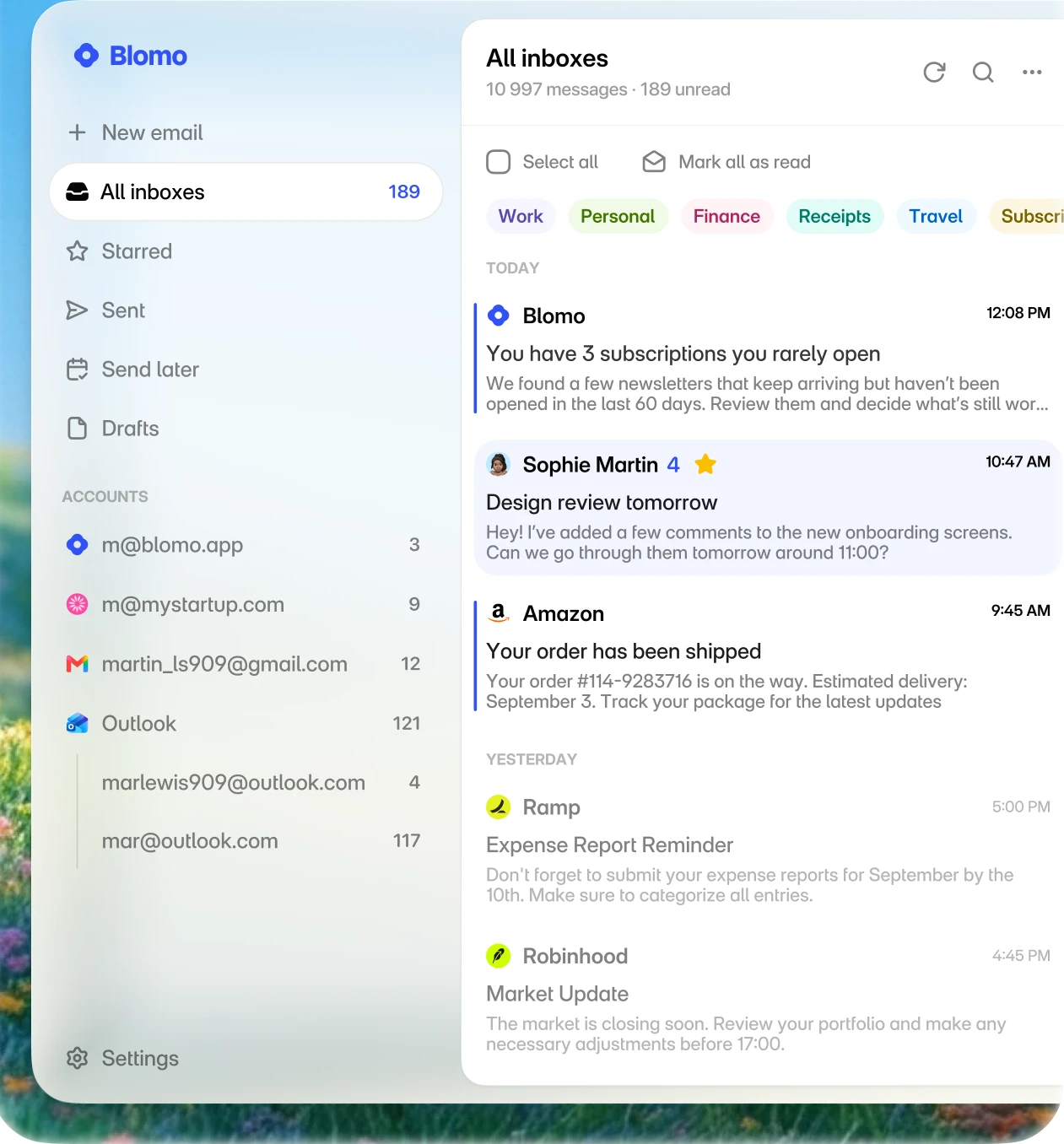 Blomo inbox interface
